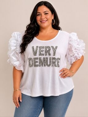 Ashley Stewart White Ruffle Sleeve Tee with Silver Glitter Text